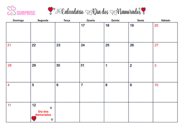 Grátis - Calendário Especial Dia dos Namorados